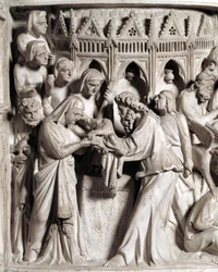 Detal płaskorzeźb Krzesła zrealizowanych przez Giovanniego Pisano (1248-1314): przedstawienie Jezusa w świątyni (Szczegóły płaskorzeźb marmurowej ambony) 1302-1311 Katedra w Pizie (Duomo di Pisa), Włochy