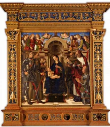 Pala Oliva. Madonna z Dzieciątkiem na tronie między świętymi Jerzym, Franciszkiem z Asyżu…, 1489.