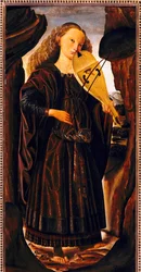 Muza Terpsichore, ok. 1480, autor: Giovanni Santi (1430 lub 1440-1494), drewno, cm 82x39. Włochy