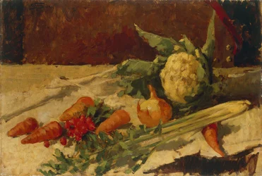 Martwa natura z marchewką, Giovanni Segantini (1858-1899), olej na płótnie, 51x75 cm