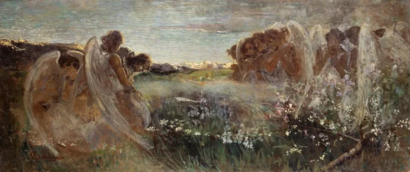 Modlitwa aniołów, Giovanni Sottocornola (1855-1917), olej na płótnie, 54x128,5 cm
