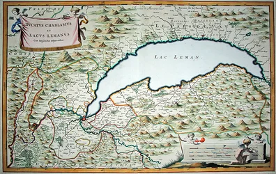 Jezioro Genewskie, z dwutomowej księgi miejskiej Sabaudii i Piemontu, rytowane przez Joannesa de Broena (1649-ok. 1730)