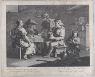 Trzy osoby siedzące wokół stołu po lewej stronie, gdy mężczyzna przynosi pusty talerz..., 1760-70.