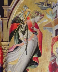 Archanioł Gabriel, fragment Zwiastowania z SS Lawrence, Benedyktem, Janem Chrzcicielem i Mikołajem, 1434 (tempera i złoty płatek na panelu)