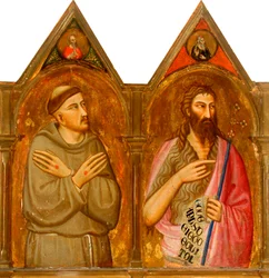 Święty Franciszek i Jan Chrzciciel (lewe panele tryptyku) (tempera i złoty płatek na panelu)