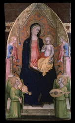 „Madonna z Dzieciątkiem na tronie” (Matka Boska z Dzieciątkiem na tronie z towarzyszącymi aniołami) Obraz Giovanniego di Bartolomeo Cristiani (czynny w latach 1367-1398) Muzeum Puszkina, Moskwa