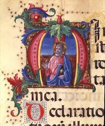 Ms 542 f.31r Historyczny inicjał „H” przedstawiający świętego mężczyznę z psałterza napisanego przez Don Appiano z kościoła Badia Fiorentina we Florencji