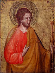 Reprezentacja św. Jakuba Pelerina To jest św. Jakub Większy lub św. Jakub, syn Zebedeusza. Obraz Giovanniego di Paolo (1395 / 1400-1482) XV-wieczny Asyż, Muzeum Skarbu Bazyliki San Francesco i kolekcja Perkinsa