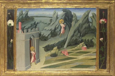 Św. Jan Chrzciciel odchodzi na emeryturę w panelu Desert Predella, 1454