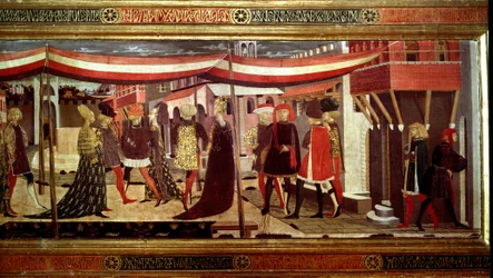 Renesansowa Ceremonia Ślubna Fragment lewej części panelu zdobiącego Cassone Adimari. Scena ślubu na Piazza del Duomo (Plaza de la Cathedrale Santa Maria del Fiore). Pary w orszaku idą pod baldachimem. Obraz Giovanniego di Ser G