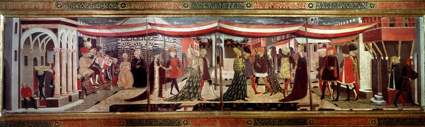 Ceremonia ślubna ma renesansowy panel zdobiący Cassone Adimari. Scena ślubu na Placu Katedralnym (Plaza de la Cathedrale Santa Maria del Fiore). Pary w orszaku idą pod baldachimem. Obraz Giovanniego autorstwa Ser Giovanniego Scheggia (1406-