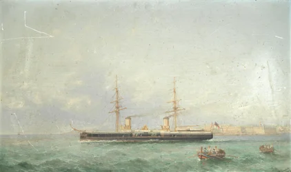 Pancernik HMS Inflexible wypływający w morze z Grand Harbour w Valetcie