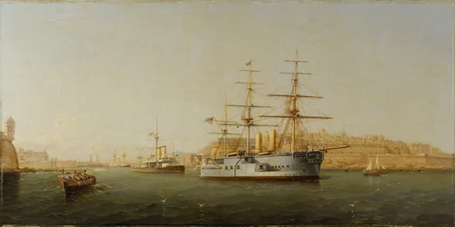 Statek HMS "Alexandra" opuszczający Maltę, po prawej stronie widać budynki Valletty. Olej na drewnie autorstwa Girolamo Gianni (1837-1895)