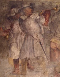 Figura mężczyzny grającego na trąbce, fragment fresku Girolamo Romanino (około 1484-1566), kościół św. Antoniego (Saint