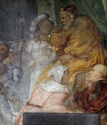 Nabuchodonozor, fragment z cudu trzech towarzyszy Daniela, fresk Girolamo Romanino (ok. 1484-po 1562), fragment prawej ściany kościoła św. Antoniego Opata, Breno. Włochy