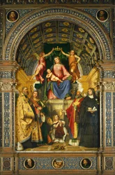 Ołtarz świętej Justyny: Madonna intronizowana ze świętymi Benedyktem, Justyną, Prosdocimo i Scholasticą, autorstwa Girolamo Romanino (ok. 1484-po 1562).
