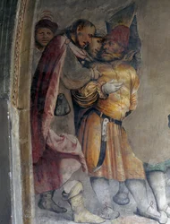 Dwóch rozmawiających ze sobą mężczyzn, fragment fresku Girolamo Romanino (ok. 1484 po 1562), lewa ściana prezbiterium kościoła św. Antoniego Opata w Breno. Włochy
