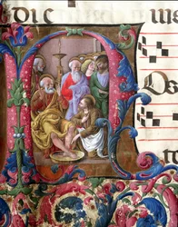 Zdobiony list przedstawiający Chrystusa myjącego nogi, Miniatura Girolamo da Cremona (aktywna ok. 1451-1483) i Liberale da Verona (1445-1529) z chóru (Kod. 22/7. c.37) z katedry w Sienie. XV-wieczna katedra (Duomo) w Sienie, Włochy