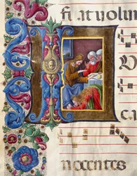 Dekoriański papier firmowy przedstawiający Marię Magdalenę u stóp Jezusa Miniatura autorstwa Girolamo da Cremona (działającego ok. 1451-1483) i Liberale da Verona (1445-1529) z chóru (Cod. 22/7. c.15v) z katedry w Sienie. XV-wieczna katedra (Duomo) w
