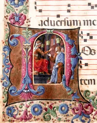 Ozdobny napis przedstawiający Jezusa Chrystusa przed miniaturą Poncjusza Piłata autorstwa Girolamo da Cremona (aktywny ok. 1451–1483) i Liberale da Verona (1445–1529) z chóru (kod. 22/7 c.22) z katedry św. Sienie. XV-wieczna katedra (Duom