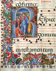 Decoree lettrina przedstawiająca Chrystusa i miniaturę trędowatego autorstwa Girolamo da Cremona (aktywna ok. 1451-1483) i Liberale da Verona (1445-1529) z chóru (kod. 19.04.c.26.) z katedry w Sienie. XV-wieczna katedra (Duomo) w Sienie, Włochy
