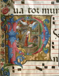 Lettrine P decoree przedstawiający Miniaturę Nativite autorstwa Girolamo da Cremona (działającego około 1451-1483) z chóru (Cod. 18/3) z katedry w Sienie. XV w. Katedra (Duomo) w Sienie, Włochy