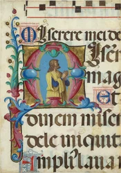 Iluminacja rękopisu z modlącym się Dawidem w inicjale M, z psałterza, włoska, 1501-2.