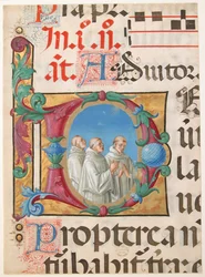 Iluminacja rękopisu ze śpiewającymi mnichami w inicjale D, z psałterza, 1501-2.