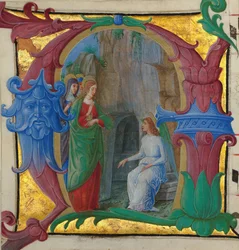 Iluminacja rękopisu ze świętymi niewiastami przy grobie w inicjale A..., włoska, ok. 1490-1500.