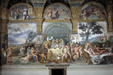 Uczta szlachecka z okazji zaślubin Kupidyna i Psyche, południowa ściana Sali Kupidyna i Psyche, ok. 1527-31 (fresk)