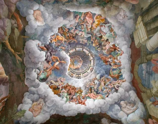 Zeus otoczony przez innych bogów Olimpu rzucający pioruny na Gigantów i niszcząc ich, sklepienie oraz ściany południowe i zachodnie, Komnata Gigantów (Sala dei Giganti )