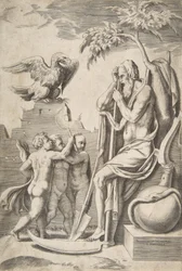 Po prawej Ojciec Czas wsparty o kosę, po lewej trzech nagich chłopców i orzeł, 1..., 1531-76.