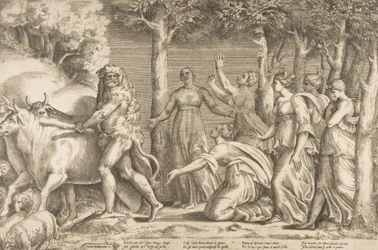 Herkules wypędzający bydło Geryona, po prawej stronie nimfy Hesperyd, ..., 1531-76.