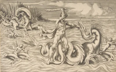 Herkules walczy ze smokiem pośrodku, Acheloos zabiera Deianeirę w lewym górnym rogu, 1531-76.