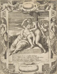 Ixion obejmuje chmurę, myśląc, że to Juno, Kupidyn po prawej, osadzony w elabora..., 1531-76.