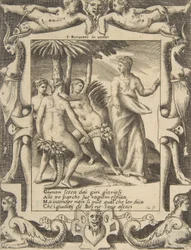 Junona po prawej stronie i przemawiająca do losów, osadzona w misternej ramie, od..., 1531-76.