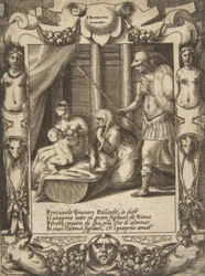 Junona namawiająca Atenę do opieki nad młodym Herkulesem, osadzona w kunsztownej oprawie, z..., 1531-76.