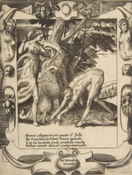 Juno wysyłająca głód na Crasiton, osadzona w skomplikowanej ramie, z „Loves, Rages..., 1531-76.