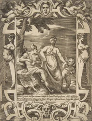 Jowisz po lewej w postaci pasterza w towarzystwie Mnemosyne, osadzony w elabo..., 1531-76.