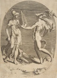 Merkury przedstawia Minerwie stojącą po lewej fajkę, owalną kompozycję, 1531-76.