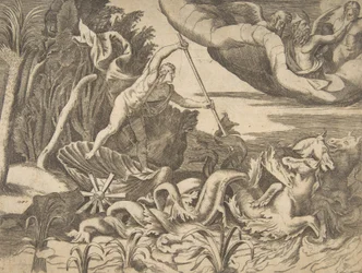 Neptun w swoim rydwanie ciągnięty przez koniki morskie, z „Podziału Wszechświata”, 1..., 1531-76.