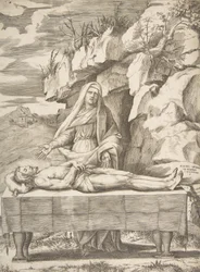Pieta, Chrystus rozłożony na stole w krajobrazie, Dziewica stojąca za ramionami..., 1531-76.