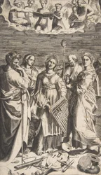 Św. Cecylia stojąca pośrodku w towarzystwie św. Pawła, Magdaleny, św. Jana..., 1531.