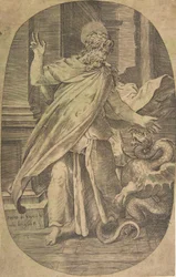 Św. Paweł pokonujący żmiję, w oprawie architektonicznej, kompozycja owalna, ca. 1540-70.