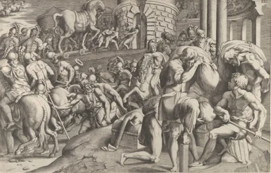 Trojanie ciągną drewnianego konia do Troi, 1545.