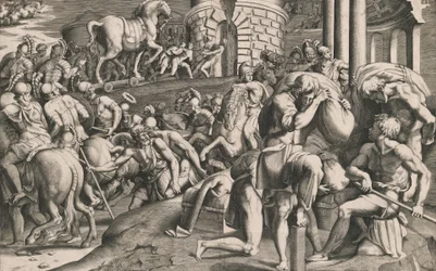 Trojanie ciągnący drewnianego konia do miasta, 1545.