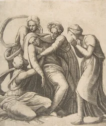 Dziewica omdlewa i podtrzymywana w ramionach świętych kobiet, 1531-76.