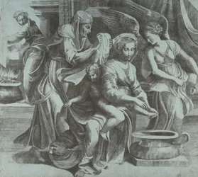 Matka Boska myjąca Dzieciątko Jezus w towarzystwie postaci i anioła po prawej stronie, ...,ok. 1550-60.