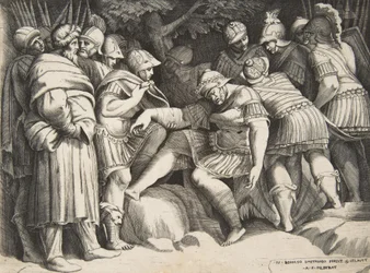Ranny żołnierz Scypion w centrum w otoczeniu postaci, 1531-76.