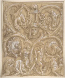 Projekt ozdobnego panelu z Rinceaux, Satyrami, Putti, potworami i ludzką głową, 1535-45.